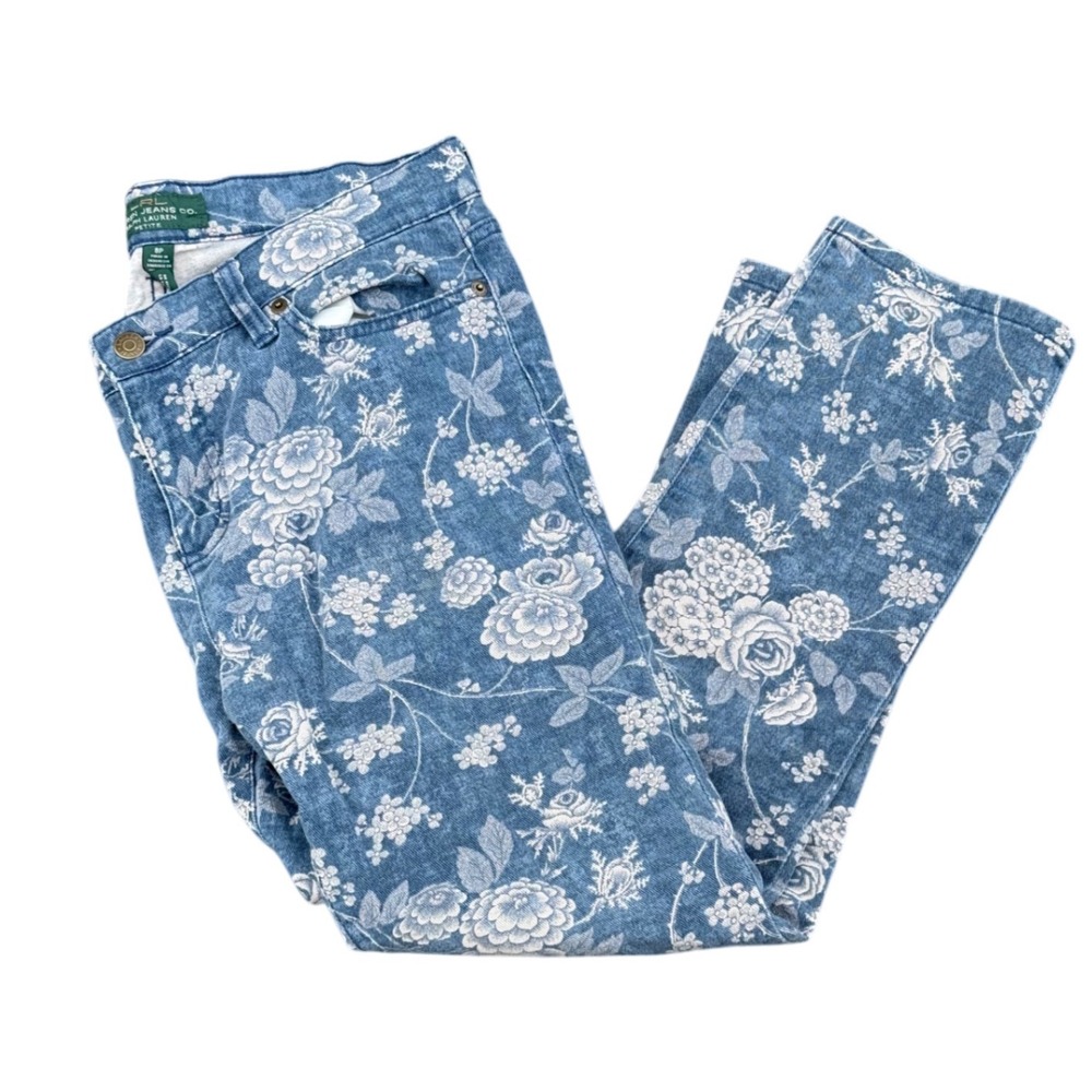 Lauren Ralph Lauren Floral Denim Jeans Blue White Botanical Straight Leg 8P